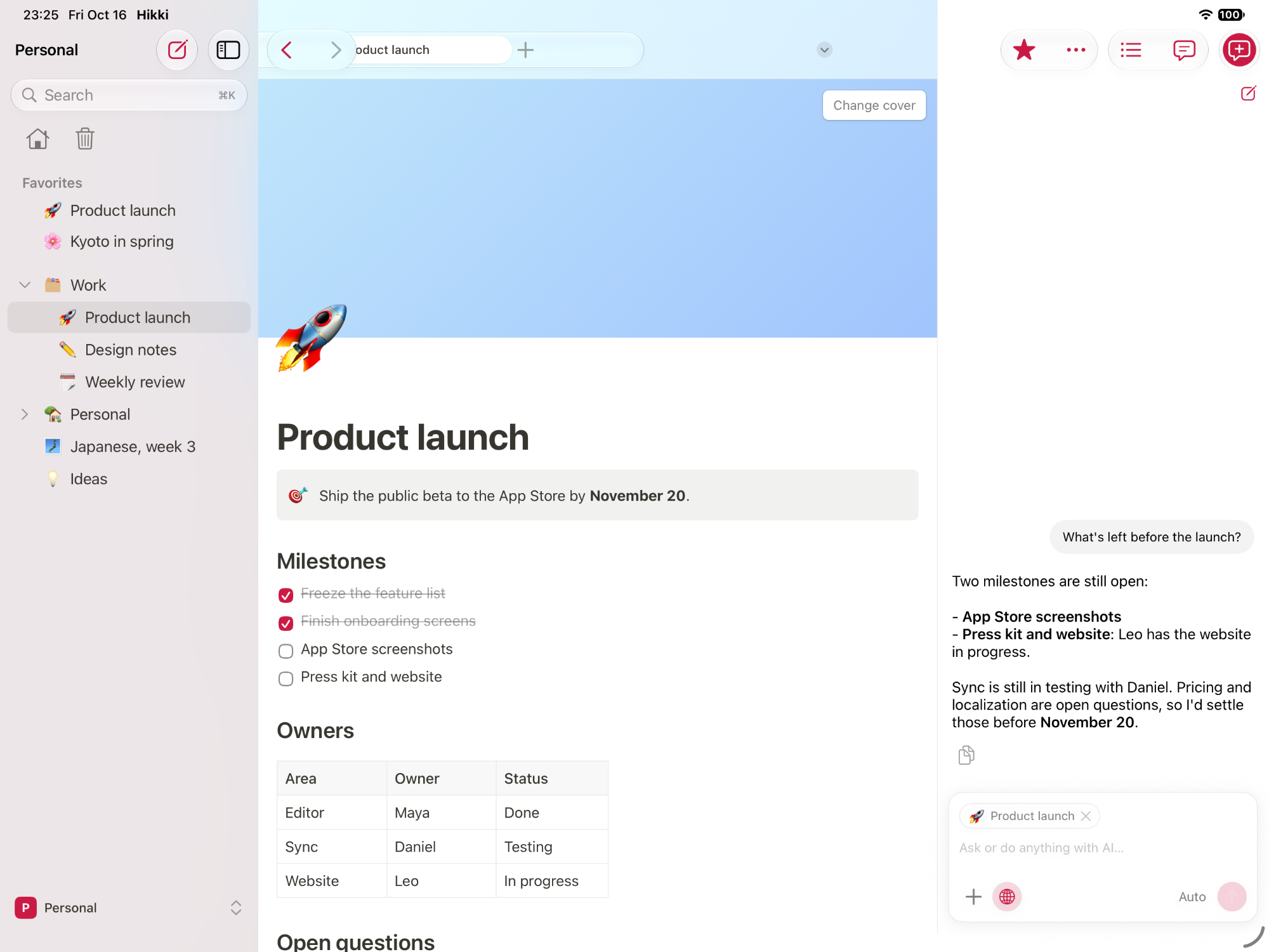 The AI panel beside a product launch page, answering what is left before the launch.