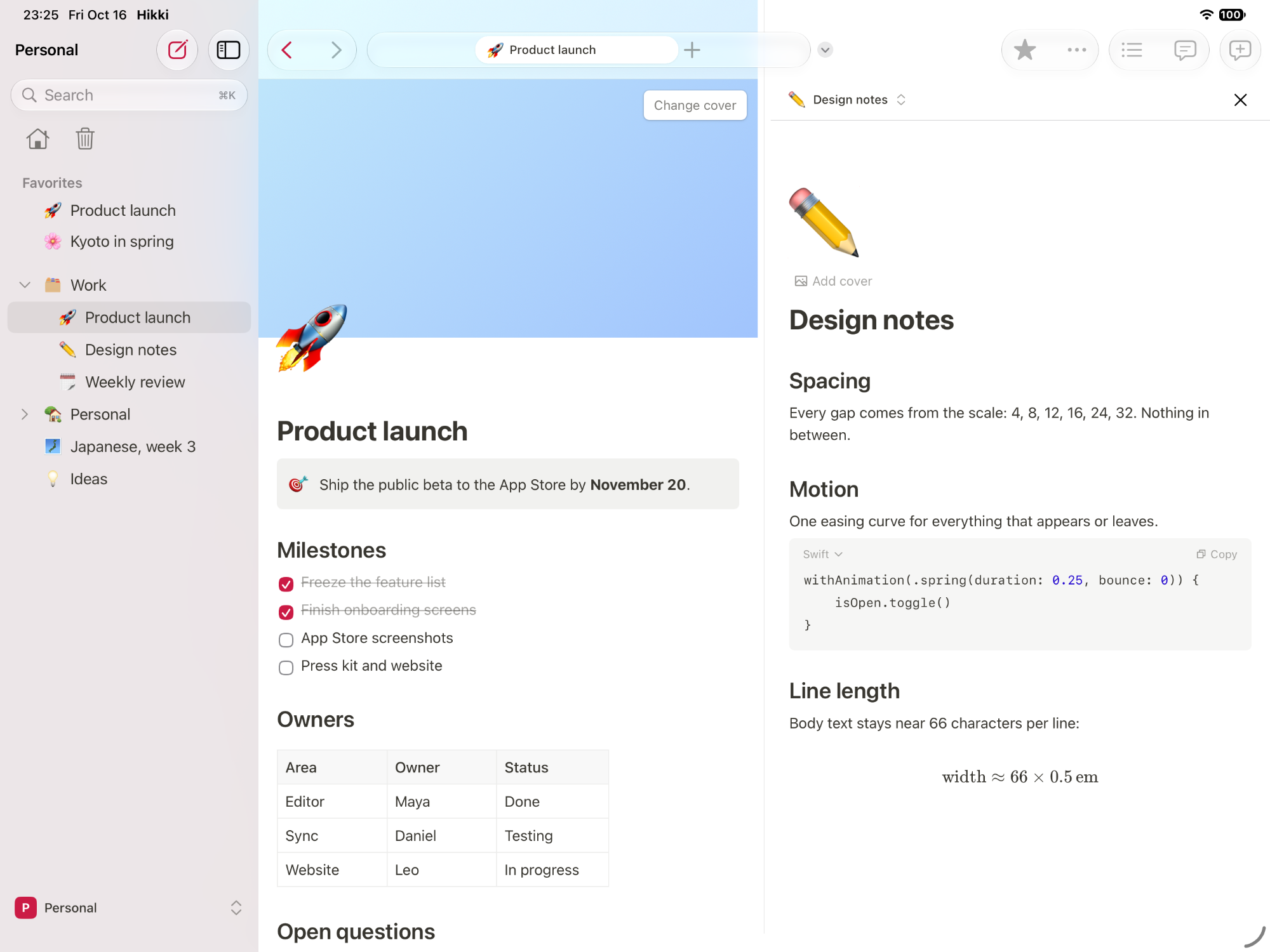 Hikki on iPad in landscape: a product launch page beside the design notes, in split view.