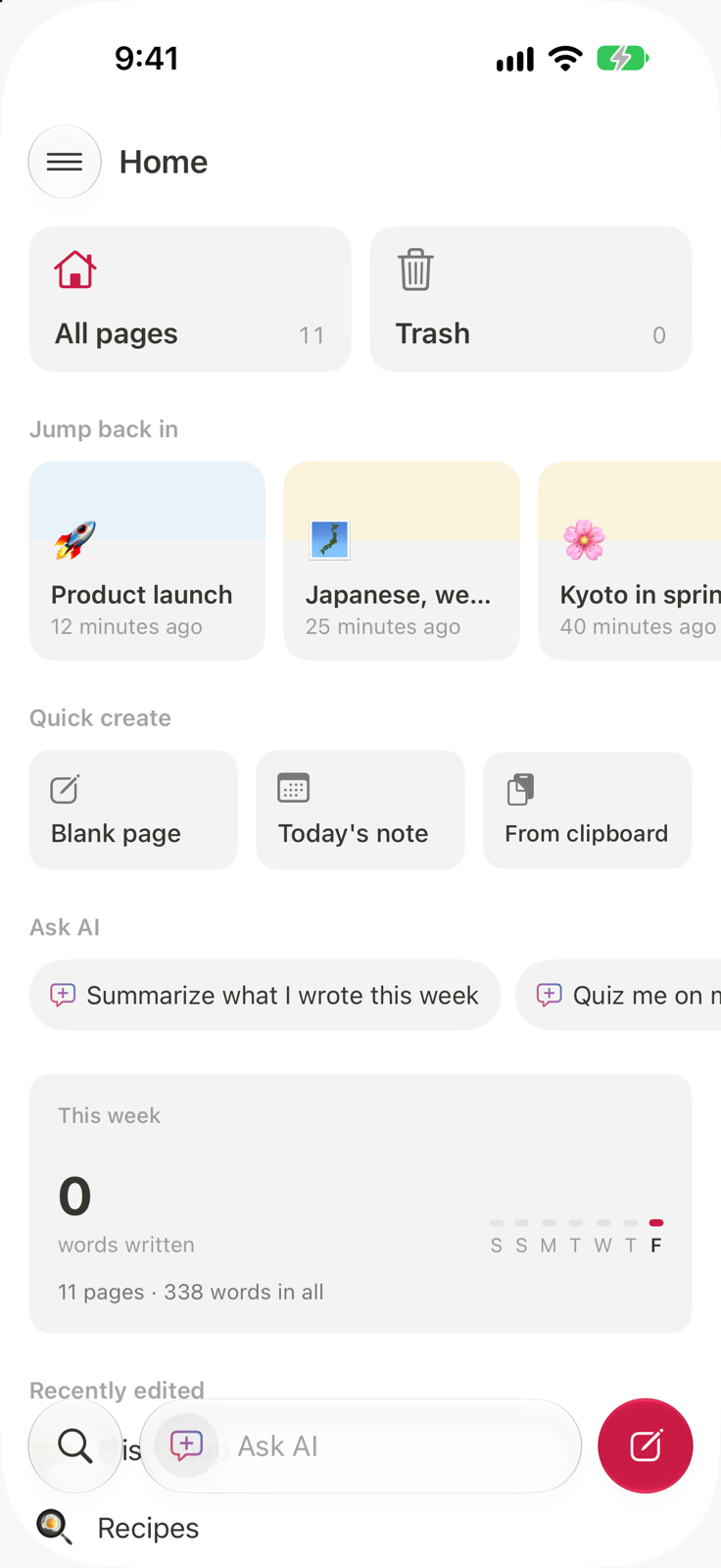 Hikki on iPhone: the home screen with recent pages and quick ways to start one.