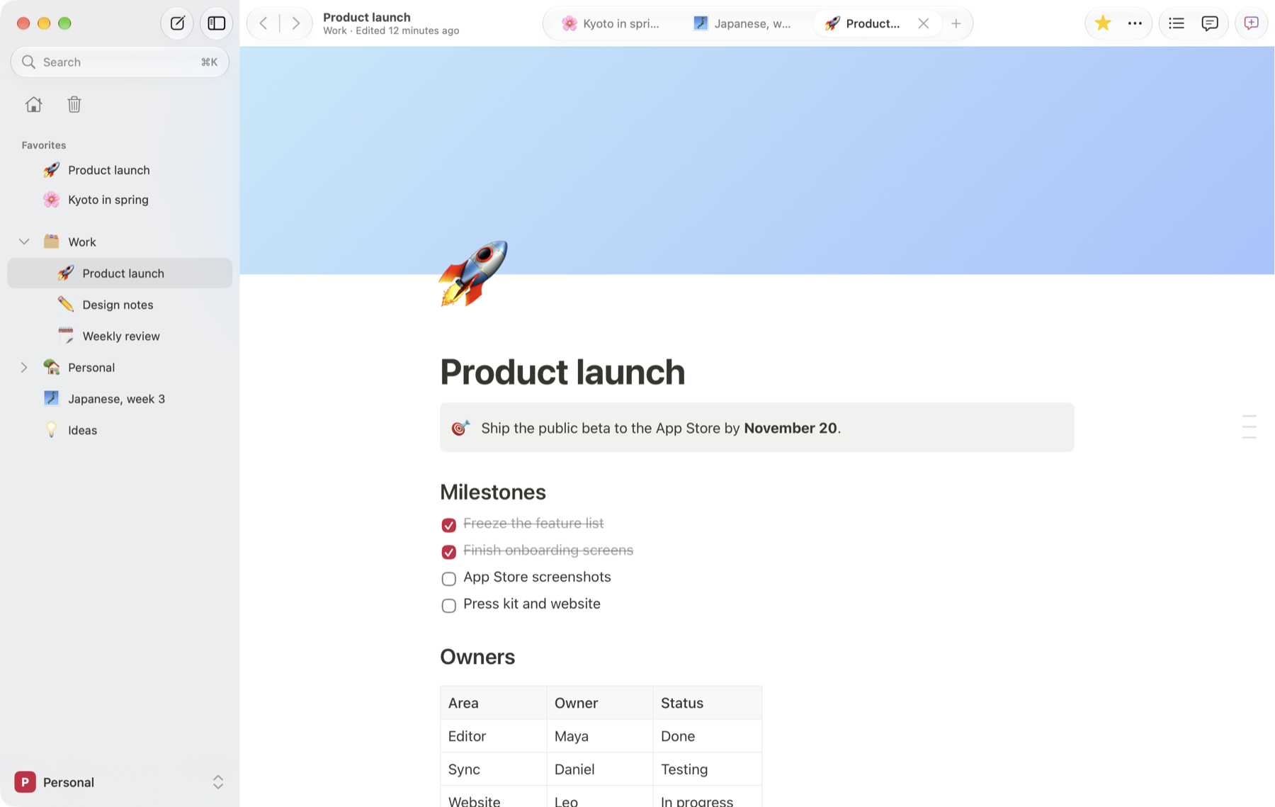 Hikki on Mac: the page tree in a sidebar, tabs in the toolbar and a page about a product launch.